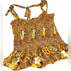 NWOT Rachael Zoe strappy Floral Brown /yellow elastic stretch Smocked Top
